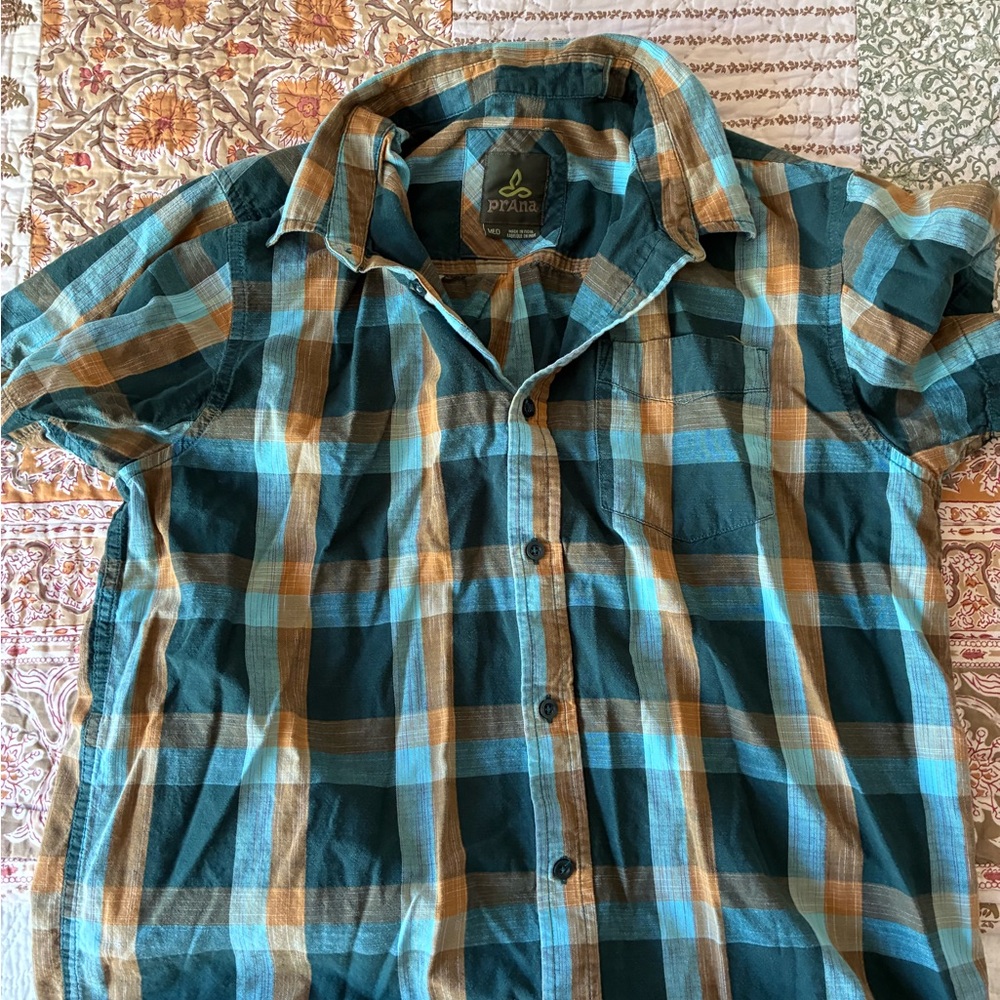 Prana Men's Teal and Tan Checkered Shirt